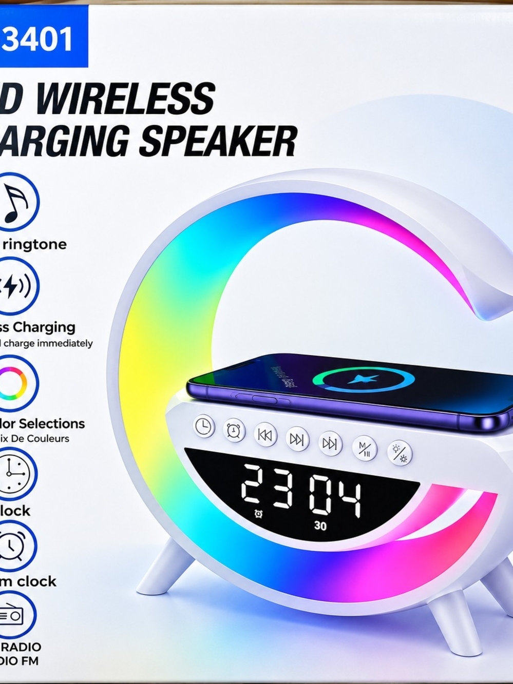 Wireless LED Alarm Speaker with Wireless Charging - White